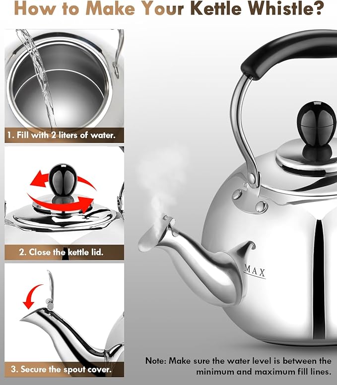 Stovetop Tea Kettle with Whistle - 2.0 Quart 18/8 Stainless Steel Tea Pot for Gas Stove & Electric Coil Stovetop, Food-Safe, Easy-Pour Spout, Mirror Polished Classic Water Kettle