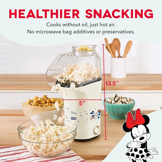 Disney DASH Fresh Pop Popcorn Maker - Oil-Free, Air Popcorn Popper - With Measuring Cup & Recipe Guide - Perfect for Movie Nights - 16 Cups, Mickey & Minnie Design