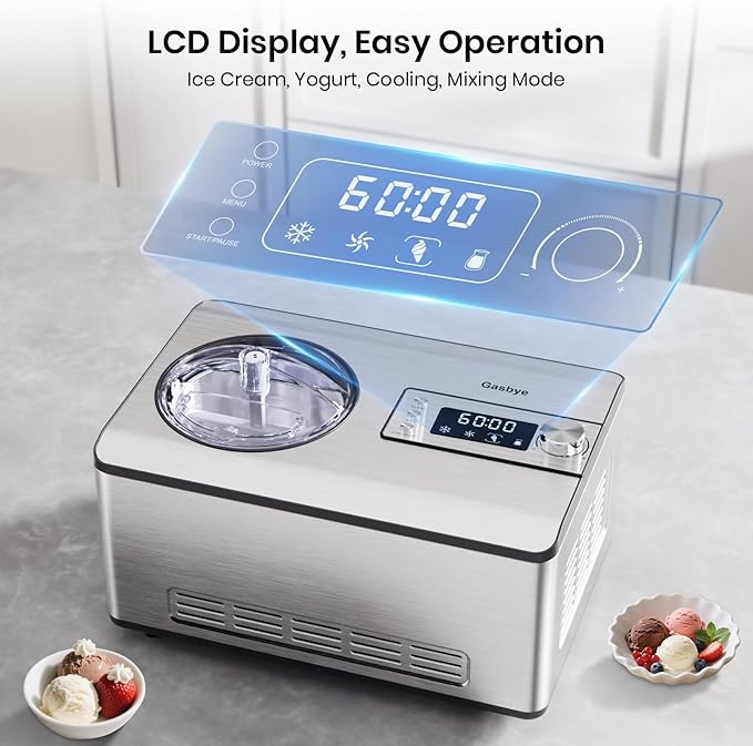 Gasbye Ice Cream Maker with Upgraded Compressor, [40% Faster Freezing], No Pre-Freezing Needed, LED Display, 2.1 Qt Capacity, Easy Operation for Ice Cream & Yogurt, Stainless Steel