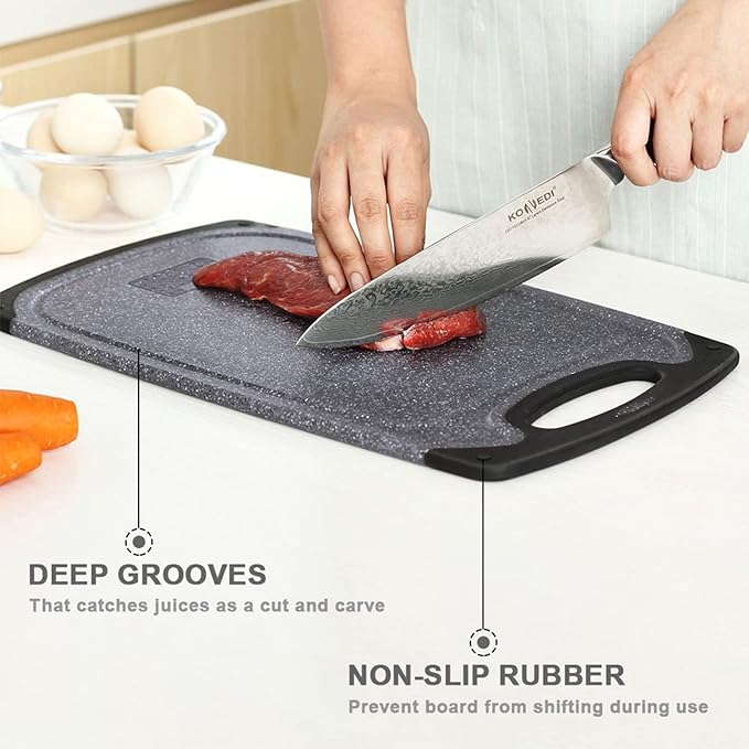 Plastic Cutting Board, 3 Pieces Dishwasher Safe Cutting Boards with Juice Grooves, Easy Grip Handle, Non-Slip, with Grinding Area for Grinding Garlic and Ginger（Dark Grey, XL）