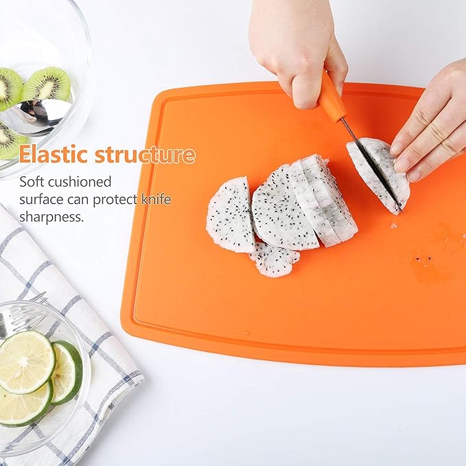 Liflicon Silicone Thick Cutting Boards Mats Set of 3pcs Foldable & Flexible Design Juice Grooves Easy Grip Handle Dishwasher Safe for Kitchen,BPA free Chif-Orange