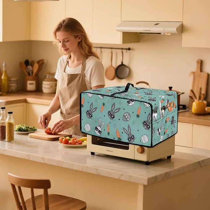 Easter Egg Bunny Carrot Print Toaster Oven Dust Cover Compatible with Most Toasters Ovens, Easter Decor Dust-proof Protector for Kitchen Small Appliance, (Medium-16.1*19.71*10 inches)