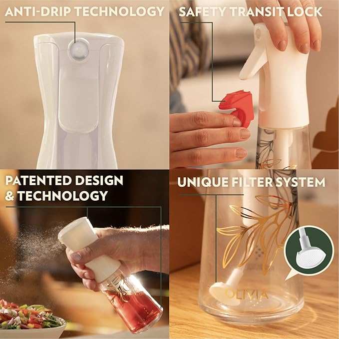FLAIROSOL OLIVIA SIGNATURE Advanced Kitchen Oil Sprayer Technology, Fine Mist & Portion Control, Refillable Glass Olive Oil Cooking Spray Bottle for Air Fryer, Salad, BBQ, 2 Pack 200ml (White)