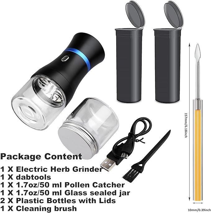 Spacenight Electric Herb Grinder COMPACT for Flower Buds, USB-Rechargeable, 2pcs 1.7oz Glass Herb Chamber - Ideal for Everyday Carry