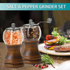 Salt and Pepper Grinder Set with Handle Crank Acrylic Manual Salt and Pepper Mills Black Pepper Spice Grinders Ceramic Core, Stainless Steel Handle, Adjustable Coarseness (Walnut 2pcs-5in)