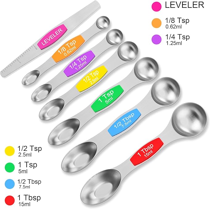 Magnetic Measuring Spoons Set - Wildone Stainless Steel Double Sided Measuring Spoons Set of 7, for Dry and Liquid Ingredients, including 6 Heavy Duty Nesting Spoons, 1 Leveler, Fits in Spice Jar