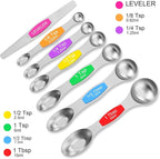 Magnetic Measuring Spoons Set - Wildone Stainless Steel Double Sided Measuring Spoons Set of 7, for Dry and Liquid Ingredients, including 6 Heavy Duty Nesting Spoons, 1 Leveler, Fits in Spice Jar