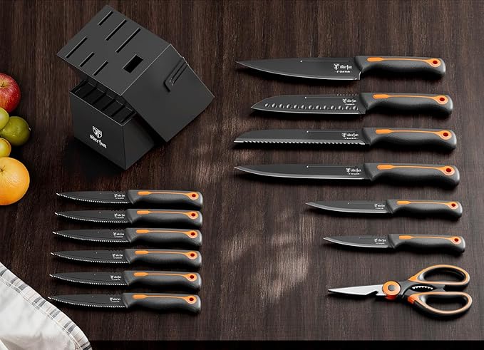 Knife Block Set -15 PCS Dishwasher Safe Kitchen Knife Set, High Carbon Stainless Steel, Razor-Sharp knives set with sharpener, Non-Slip Handles, Elegant Box for Her Him Women Men, Black,