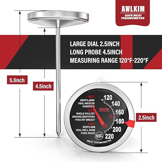AWLKIM 2 Pack Stainless Steel Meat Thermometer, Safe Leave in Oven, 2.5-in Extra-Large Dial Food Thermometer for Cooking, Temperature Probe for Baking, Steak, Turkey - Kitchen Gadgets - Black