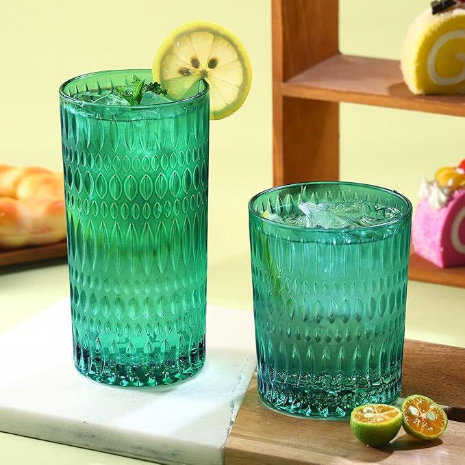 Loivttvv Glassware Drinking Glasses Set of 8, 14 oz Highball Glasses & 10 oz Ribbed Glass Cups, Vintage Glassware for Water, Juice, Cocktail, Whiskey (Atroviens)
