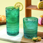 Loivttvv Glassware Drinking Glasses Set of 8, 14 oz Highball Glasses & 10 oz Ribbed Glass Cups, Vintage Glassware for Water, Juice, Cocktail, Whiskey (Atroviens)