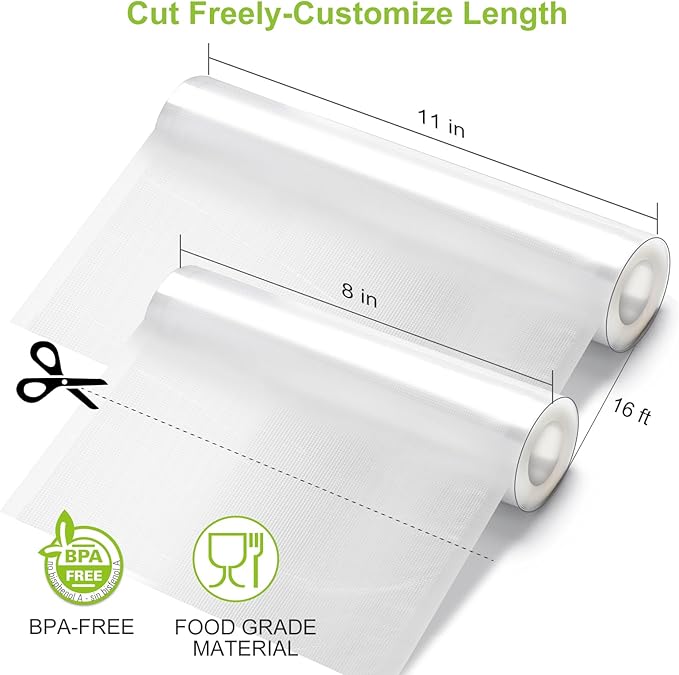 Bonsenkitchen 3 Rolls 11" x 16' + 3 Rolls 8" x 16' Vacuum Sealer Bags for Food with a Color Box, Easy to Store, Commercial Grade, BPA Free, Great for Food Storage or Sous Vide, VB22