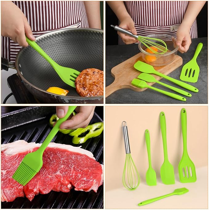 COLLBATH 5pcs Green Silicone Kitchen Utensil Set with Egg Whisk, Scraper, and Brush, Heat Resistant Cooking Tools for Baking and Food Preparation