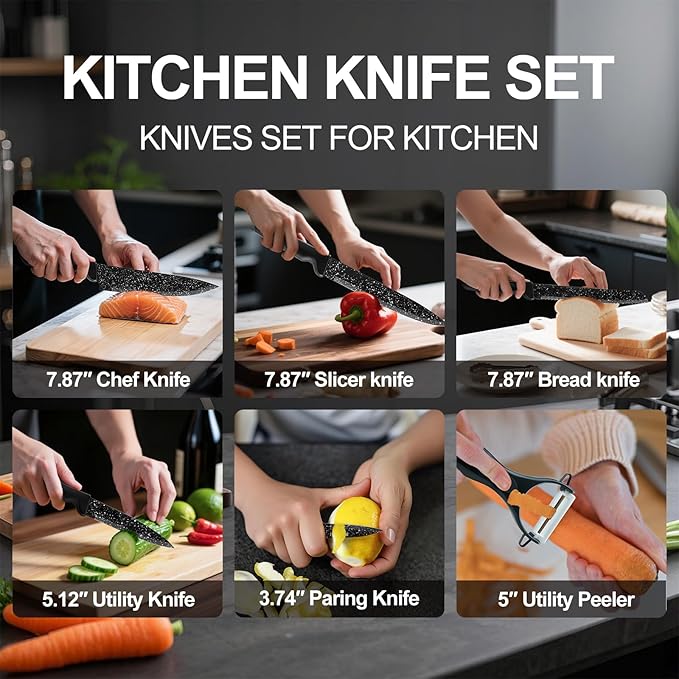 Knife Set, 6 Pieces Kitchen Knives Set with Anti-Rust Coating & Ergonomic Handles, Lightweight, Dishwasher Safe stainless steel Knife, Gift for Kitchen Enthusiasts, Family Chef(Beauty handle)