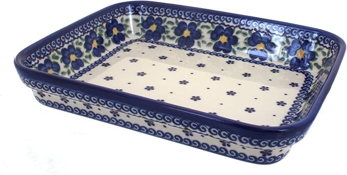 Blue Rose Polish Pottery - Blue Spring Blossom Small Rectangular Baker - 10.25" x 8" - Unique, Dishwasher Safe, & Durable Bakeware