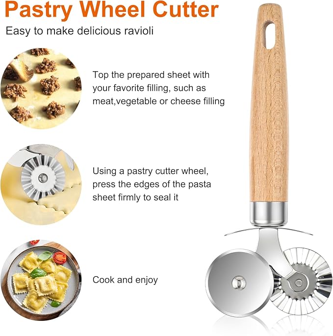Pastry Cutter Double Wheel, Pastry and Pasta Cutter Wheel with Exquisite Wooden Handle Dual-Head Baking Tool for Home and Kitchen for Pasta Pizza Ravioli Cookie