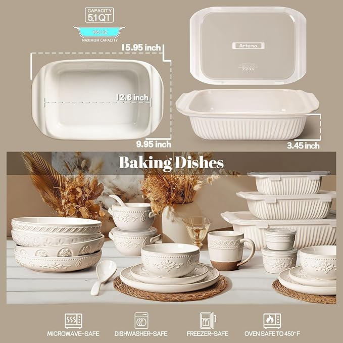 Artena Baking Dish 5.1 Quarts, Casserole Dishes For Oven, Baking Pan With Handles, Lasagna Pan Deep, Large Casserole Dish, Rectangular White Ceramic Bakeware (Baking Dish With Lids)