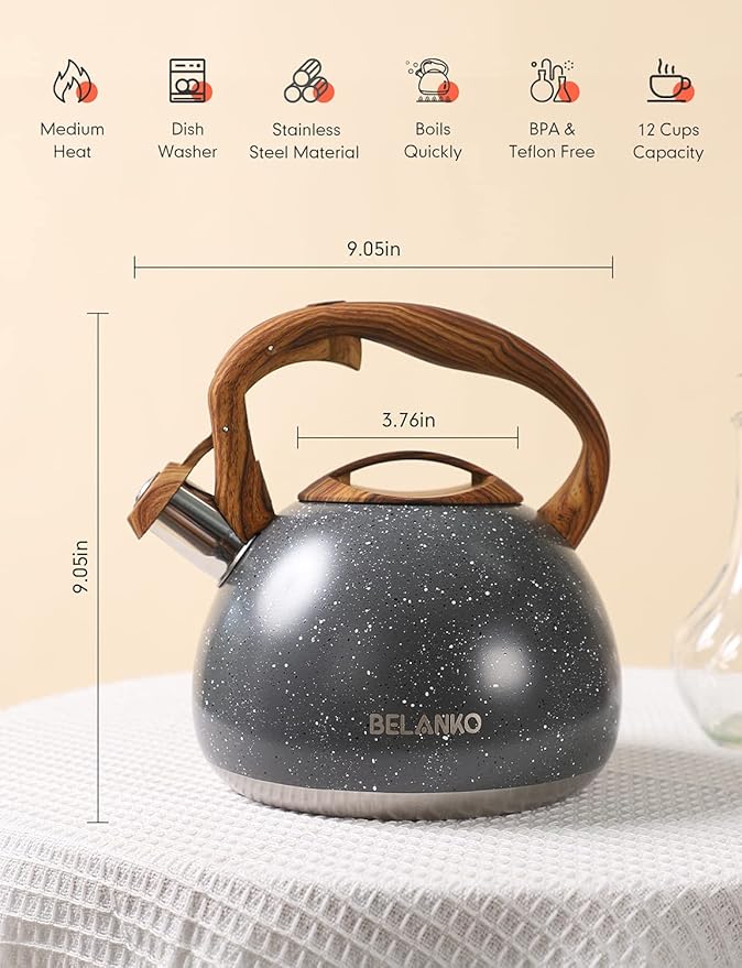BELANKO 2.7 Quart Tea Kettle for Stovetops - Food Grade Stainless Steel Teapot with Loud Whistle, Cool-Touch Wood Pattern Handle, Rust-Resistant Whistling Kettle - Starry Gray