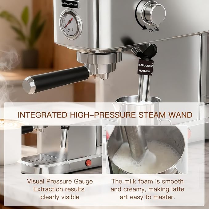 Espresso Machine 20 Bar, Compact Stainless Steel Coffee Maker with Steam Milk Frother & Removable Tank for Cappuccino, Latte - Silver