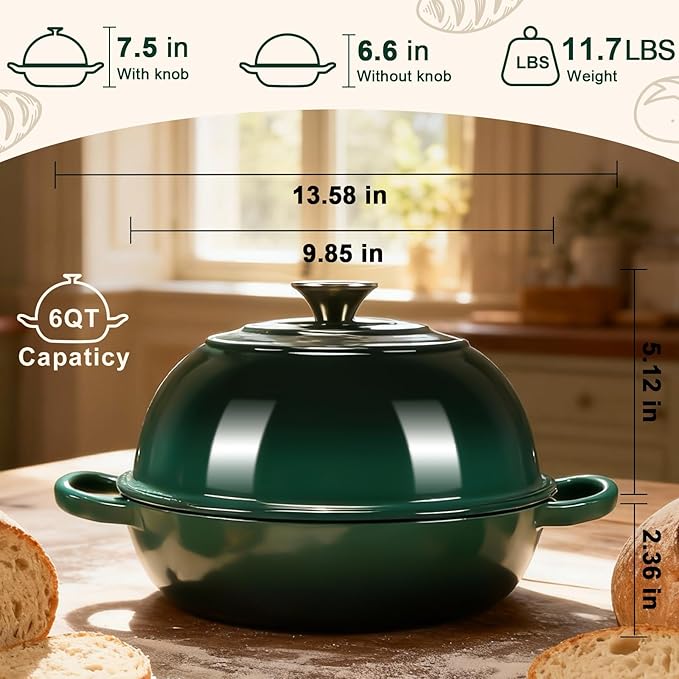AHJ 6QT Dutch Oven For Bread Baking, Enameled Cast Iron Dutch Oven Pot with Lid, Multi-Functional Bread pan, Sourdough Baking Supplies with Proofing Basket, Cast Iron Bread Oven, Silicone Sling & Gloves.