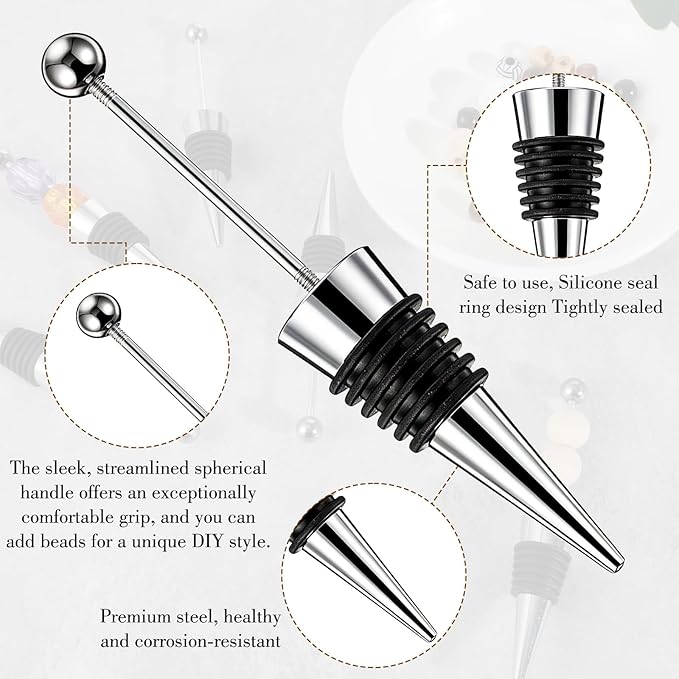 5 Packs Metal Bottle Stopper Kit, Reusable Wine Saver Corks, Stainless Steel Wine Bottle Stopper, Beadable Bottles Cap, Decorative Corkscrew for Wedding Party Bar