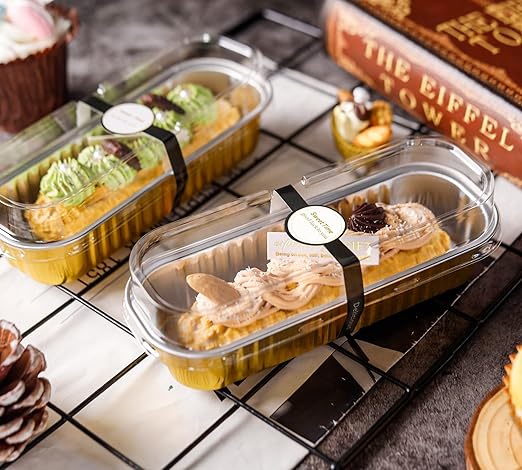 NPLUX 50 Pack Mini Cake Pans with Lids and Spoons Gold Rectangular Aluminum Foil Baking Pans Mini Cheesecake Containers(6.8oz)
