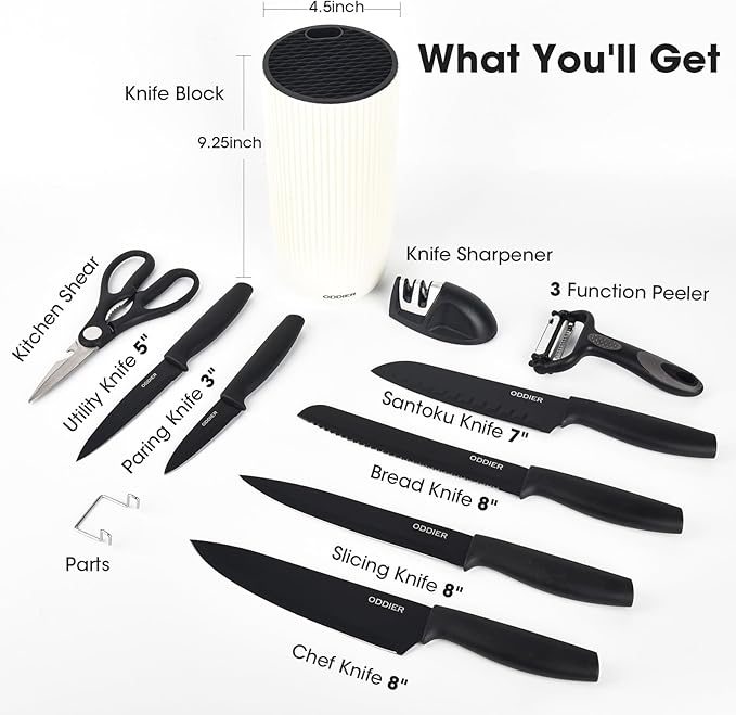Knife Set, 10 Piece Kitchen Knife Set with Block and Sharpener, Anti-Rust Stainless Steel Knives Set for Kitchen, Chef Universal Knife Block Set, Dishwasher Safe, Ergonomical Design, White