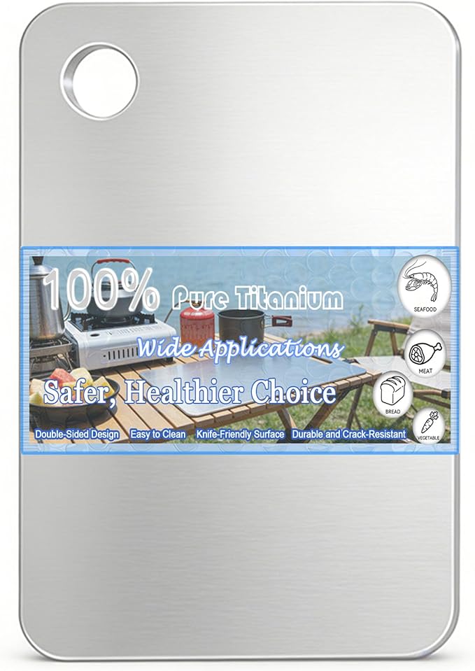 100% Pure Titanium Cutting Board, Double-Sided Titanium Cutting Boards for Kitchen Dishwasher Safe, Camping Metal Charcuterie Chopping Board Mat for Meat, Fruit & Cheese (M, 9.6”×6.1”)