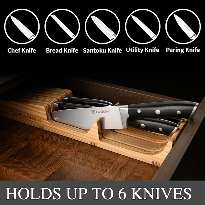 In-Drawer Knife Block with 5 Pieces Knives, Bamboo Knife Drawer Organizer for Kitchen, Perfect for Home and Chefs, Premium Knife Holder, Slots for 5 Knives Kitchen Drawer, Counter Top - Chef Gift Idea