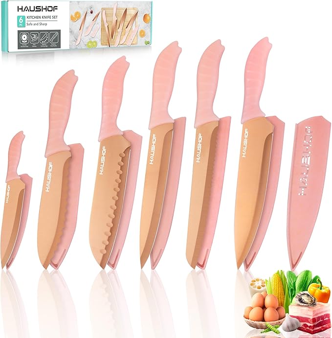HAUSHOF Kitchen Knife Set, 12-Piece Pink Knife Set with 6 Blade Guards, Non-Stick Coated Stainless Steel Blades for Slicing, Dicing&Cutting, Gifts Knife Set for Dad, Mom, Husband and Wife