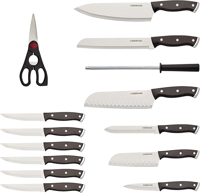 Farberware Triple Riveted Knife Block Set, 15-Piece, Black Pine, High Carbon-Stainless Steel Blades, Ergonomic Handles, Includes Natural Pinewood Block
