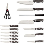 Farberware Triple Riveted Knife Block Set, 15-Piece, Black Pine, High Carbon-Stainless Steel Blades, Ergonomic Handles, Includes Natural Pinewood Block