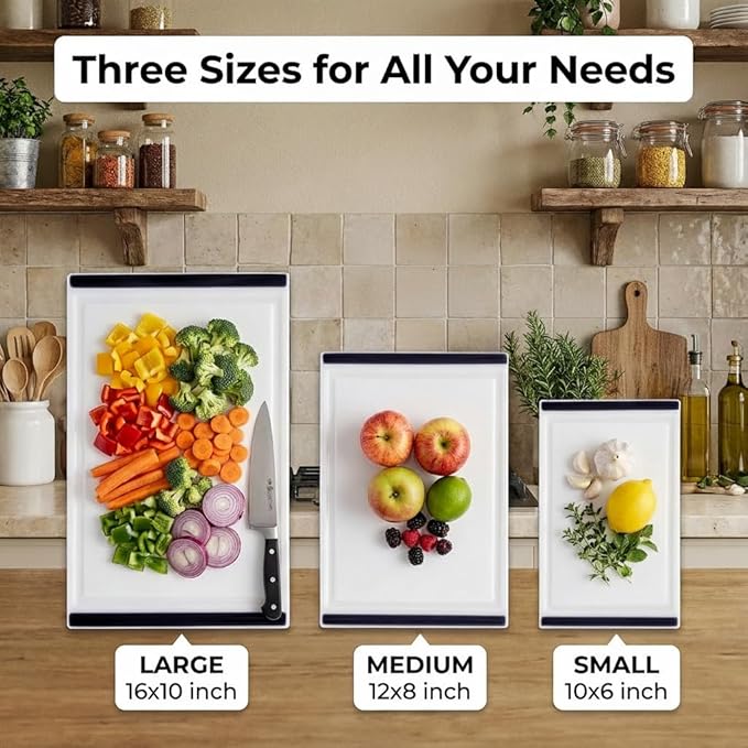 Thirteen Chefs Non Slip Cutting Board 3 Pack Set for Kitchens with Groove - BPA Free and Dishwasher Safe with 16, 12 and 10 Inch Sizes