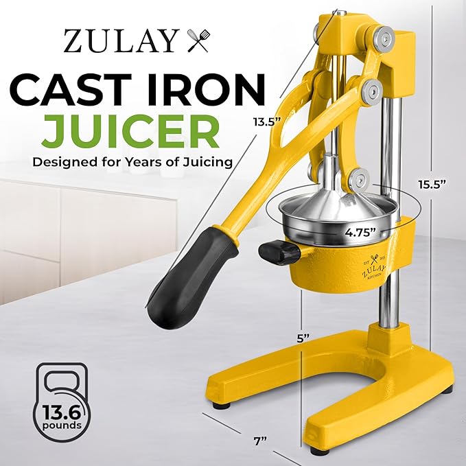 Zulay Kitchen Cast Iron Juicer - Easy-to-Clean Heavy-Duty Manual Juicer, Professional Citrus Juicer - Stainless Steel Lemon Squeezer - Manual Citrus Press & Orange Squeezer - Orange Juicer (Yellow)