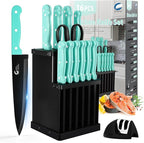 16-Piece Kitchen Knife Set with Block - High Carbon Stainless Steel Knives, Black Non-Stick Coating, Triple Riveted Forged Turquoise Handle, Dishwasher Safe, Includes Knife Sharpener, Scissors