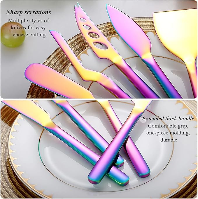 Berglander Rainbow Cheese Knife Set of 5 for All Types of Cheese, Colorful Titanium Plating Cheese Cutter Slicer Ergonomic Design for Confortable Grip and Cut, Butter Spreader Knife