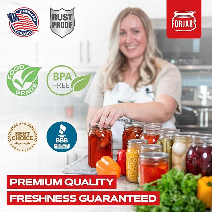 FORJARS - Wide Mouth Canning Lids, 100-Pack – Create Airtight Seals on Mason Jars to Preserve Food for Meal Prep & Emergency Food Storage – 3.4 In. Metal Lids with Silicone Seals – Canning Supplies