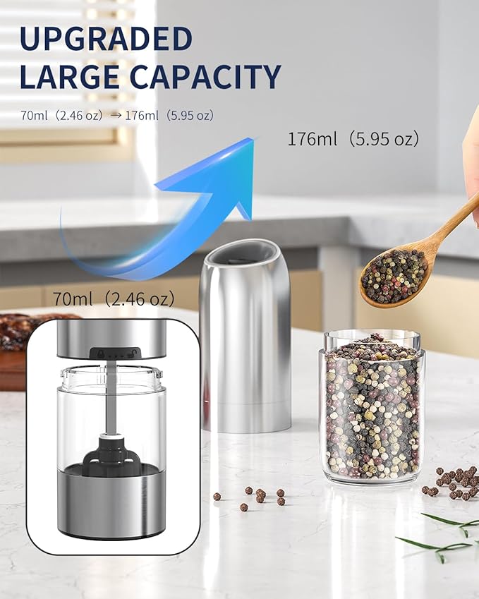 CIRCLE JOY Gravity Electric Salt and Pepper Grinder Set, Battery Powered Automatic Pepper Mills with Adjustable Coarseness, One Hand Operation, 176ml Large Container, Silver - Includes 8 Batteries