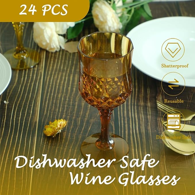Plastic Wine Glasses, Plastic Goblets Vintage Style Cordial Unbreakable Drinking Glasses, Reusable Drinkware for Wedding Reception, Grand Event Party Supplies (100, Amber)