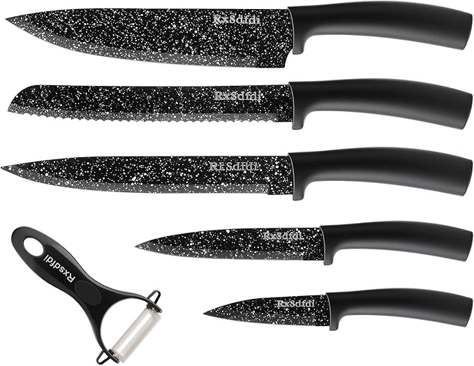 Knife Set, 6 Pieces Kitchen Knives Set with Anti-Rust Coating & Ergonomic Handles, Lightweight, Dishwasher Safe stainless steel Knife, Gift for Kitchen Enthusiasts, Family Chef(Bend)