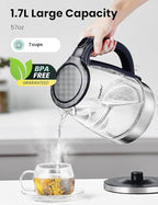 COMFEE' Glass Electric Tea Kettle & Hot Water Kettle Electric, 1.7L Electric Kettle with LED Indicator, 1500W Fast Boil, Auto Shut-Off and Boil-Dry Protection
