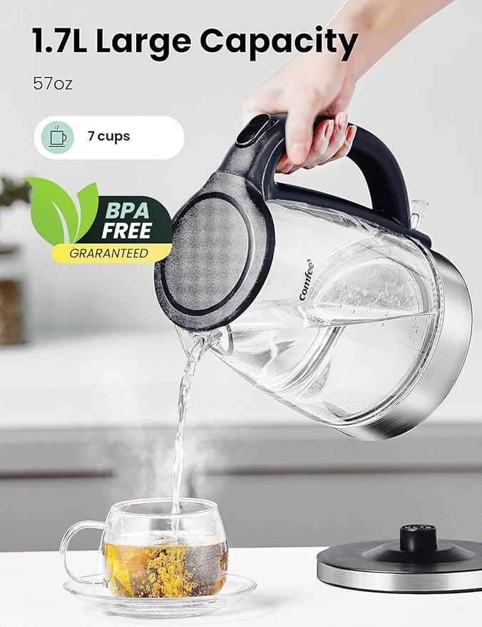 COMFEE' Glass Electric Tea Kettle & Hot Water Kettle Electric, 1.7L Electric Kettle with LED Indicator, 1500W Fast Boil, Auto Shut-Off and Boil-Dry Protection