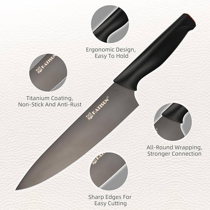 15-Piece Knife Set, High Carbon Stainless Steel Imported From Germany, Beveled Mercerized Blade, Black Titanium Stainless Steel Knives Block Set with Built-in Sharpener, Non-Slip Handles