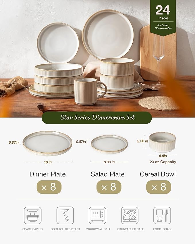 Famiware Star Plates and Bowls Sets, Modern Stoneware Dinnerware Sets for 8, 24-Piece Kitchen Dish Set - Microwave and Dishwasher Safe, Chip and Scratch Resistant, Cappuccino White