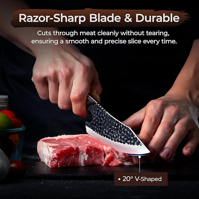 Meat Cleaver Butcher Knife Set of 17Pcs, Hand Forged Kitchen Knives Set, High Carbon Steel Chef Knife Set with bag & 6 Accessories, Boning Knives for Meat Cutting, Outdoor Cooking BBQ Camping Gift