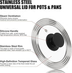 Universal Lid for Pots, Pans and Skillets, Fits 6.5, 7 and 8 Inch Cookware, Replacement Frying Pan Cover with Tempered Glass Top, Stainless Steel Cast Iron Skillet Lids - Heat Resistant Handle