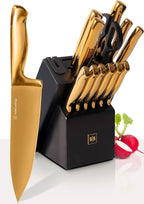 Styled Settings Gold Knife Set with Block & Built-In Sharpener – 14-Piece Full Tang Kitchen Knives Set – Gold Knives Set with Self-Sharpening Block, Titanium Knife Set with Black Block