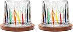 Rotatable Old Fashioned Glass Cup, 275ml/10oz Crystal Whiskey Glass Set of 2, Wood Coaster, Thickening, Used as Rum Glass Cup, Cocktail, Coffee, Milk to Relax and Reduce Stress, Christmas gifts