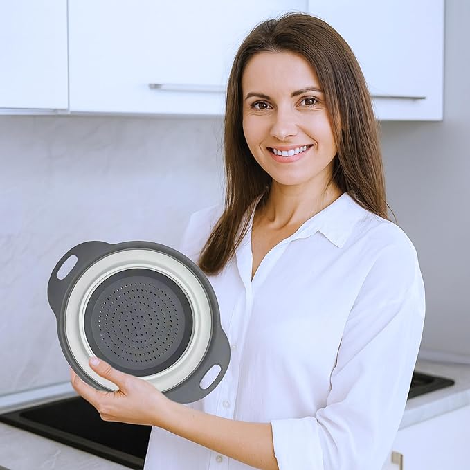 Round Silicone White Colander Collapsible – Foldable White Kitchen Strainer Small Collapsible Colander with Plastic Handles for Draining Vegetable and Fruit Silicone Kitchen Strainer for Pasta