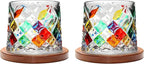 Rotatable Old Fashioned Glass Cup, 275ml/10oz Crystal Whiskey Glass Set of 2, Wood Coaster, Thickening, Used as Rum Glass, Cocktail, Coffee, Milk Cup to Relax and Reduce Stress